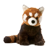 Plush toy of a red panda with orange and brown fur, bushy ringed tail, and soulful eyes.